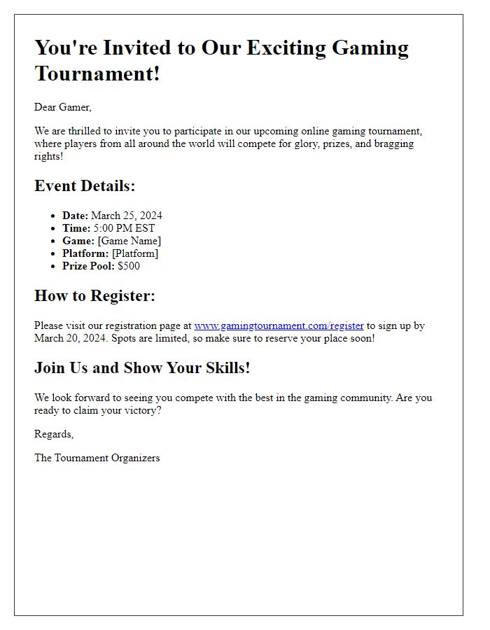 Letter template of gaming tournament invitation for online participants.