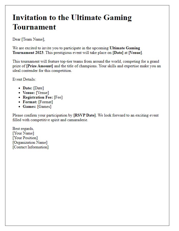 Letter template of gaming tournament invitation for professional teams.