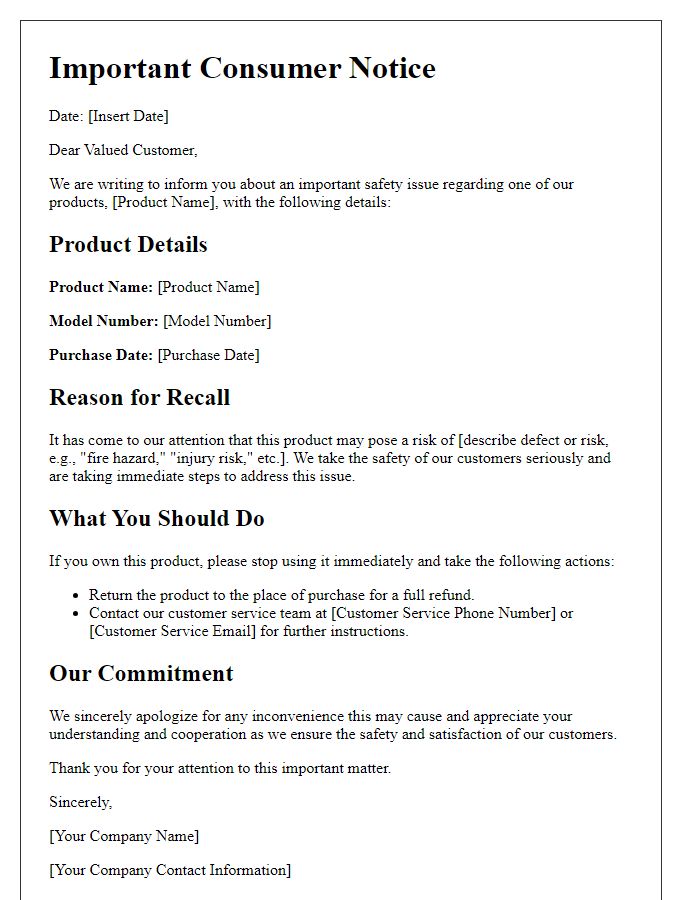 Letter template of consumer notice for defective product recall