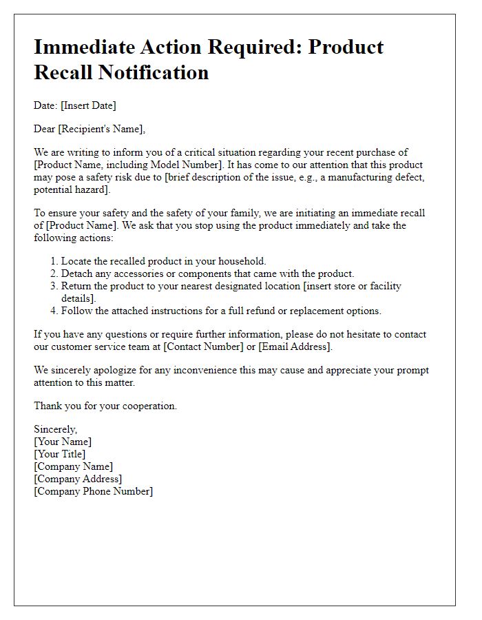 Letter template of immediate action required for product recall