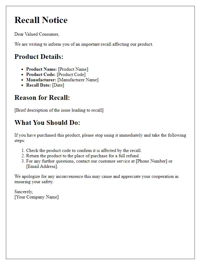 Letter template of important recall details for consumers