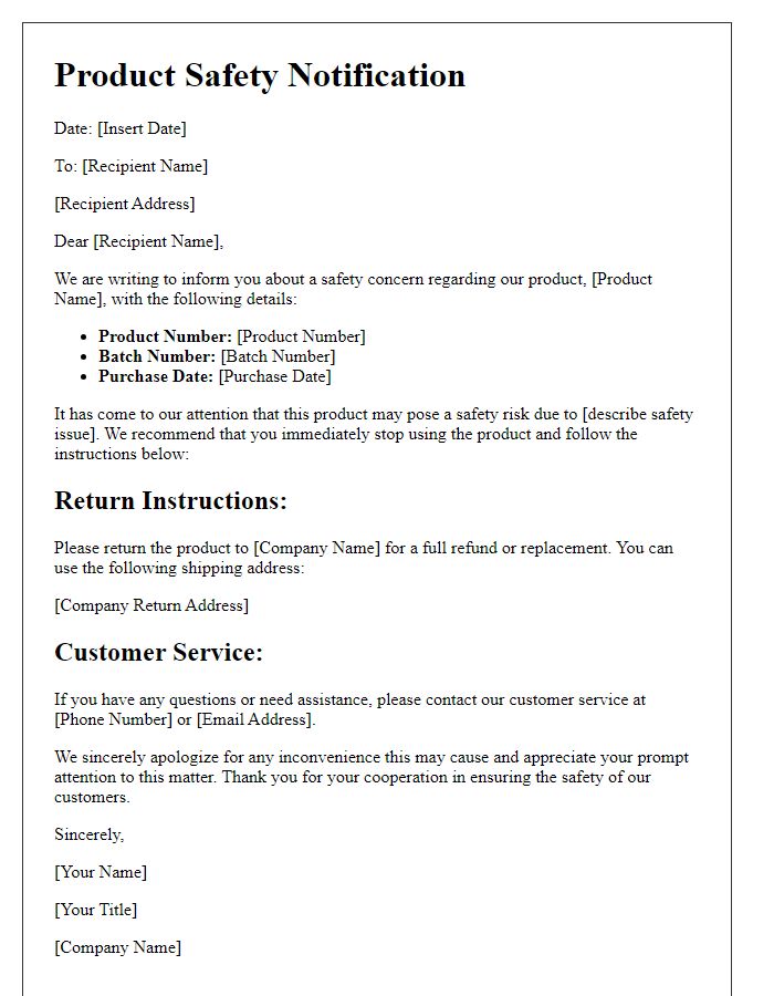 Letter template of product safety notification for recall