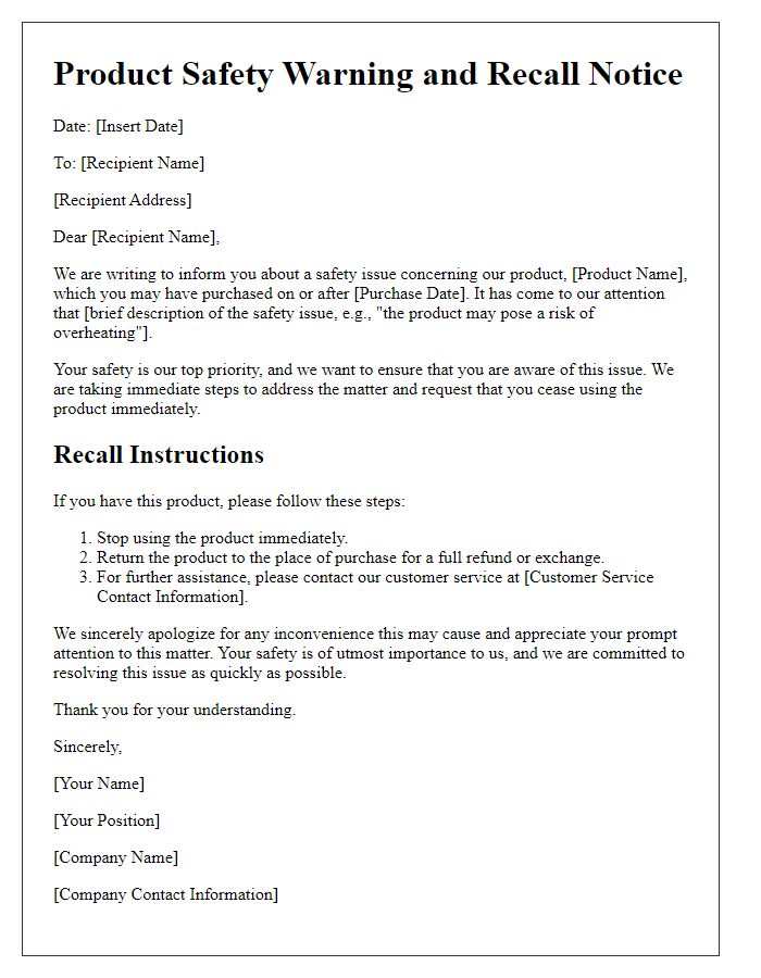 Letter template of product safety warning and recall notice