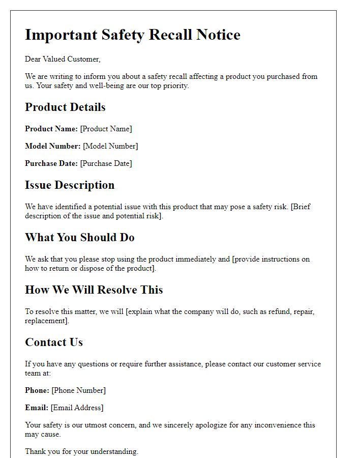 Letter template of recall information for affected customers