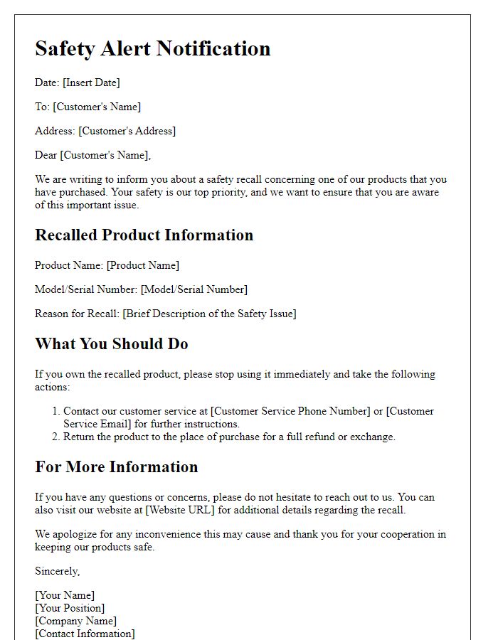 Letter template of safety alert for recalled items