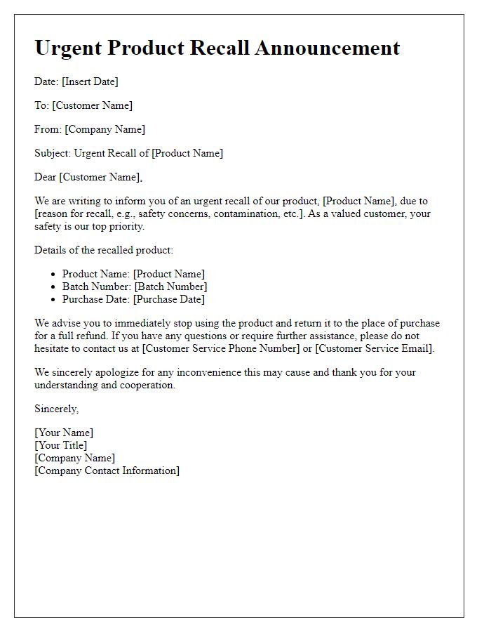 Letter template of urgent product recall announcement