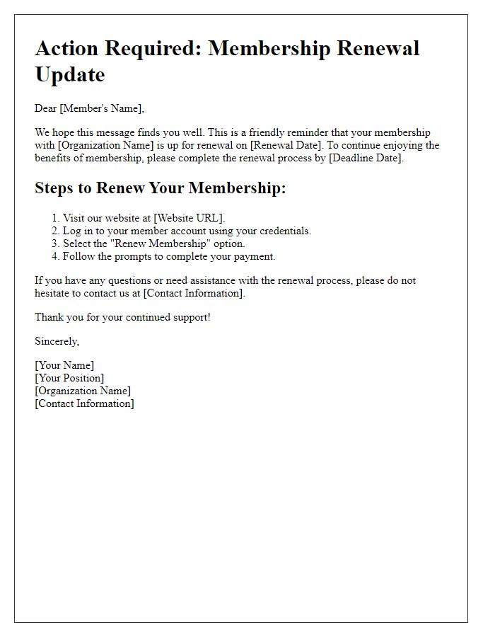 Letter template of Action Required: Membership Renewal Update