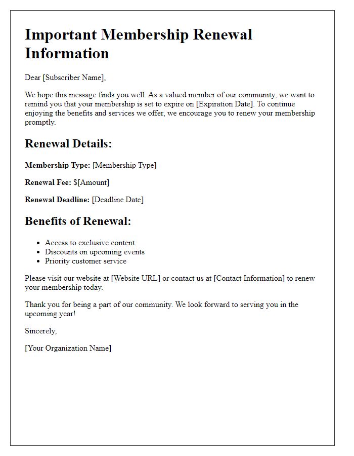 Letter template of Important Membership Renewal Information for Subscribers