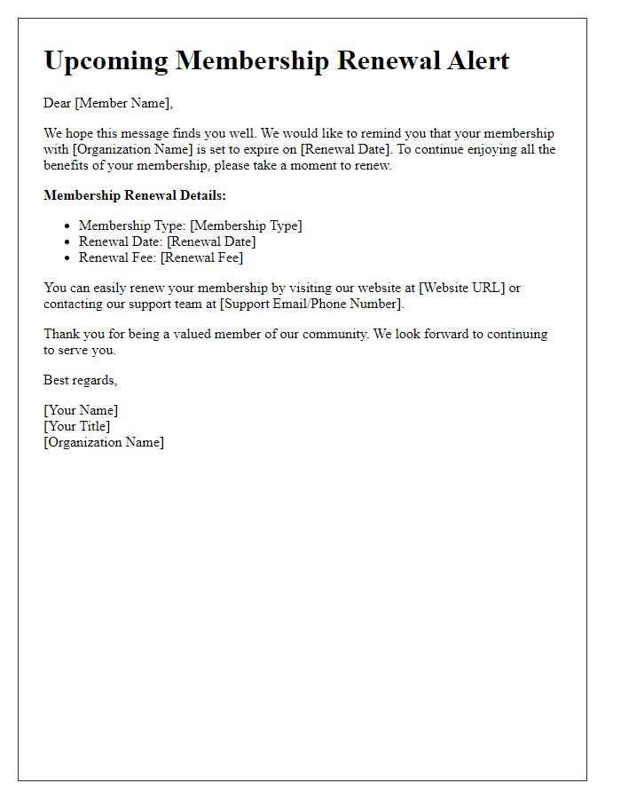 Letter template of Upcoming Membership Renewal Alert for Regular Users