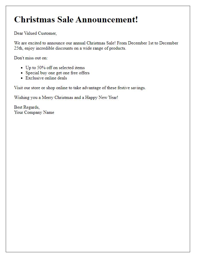 Letter template of Christmas sale announcement