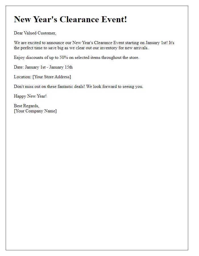 Letter template of New Year's clearance event notification