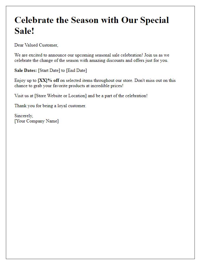 Letter template of seasonal sale celebration notification