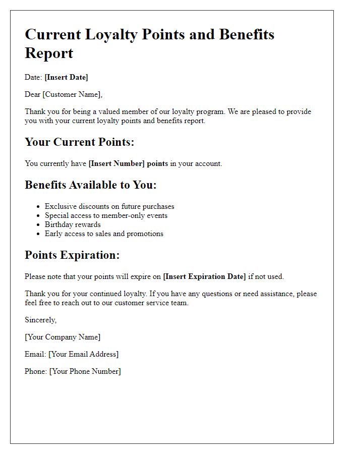 Letter template of current loyalty points and benefits report