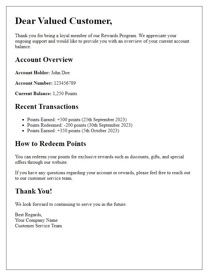 Letter template of loyalty rewards account balance overview