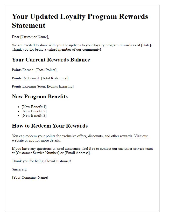 Letter template of updated loyalty program rewards statement