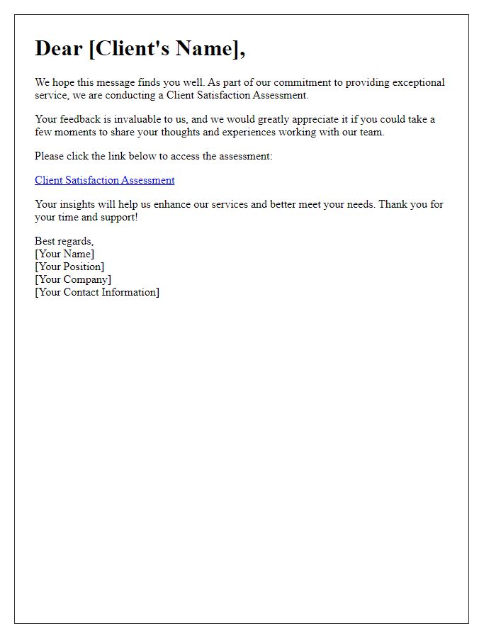 Letter template of client satisfaction assessment invitation.