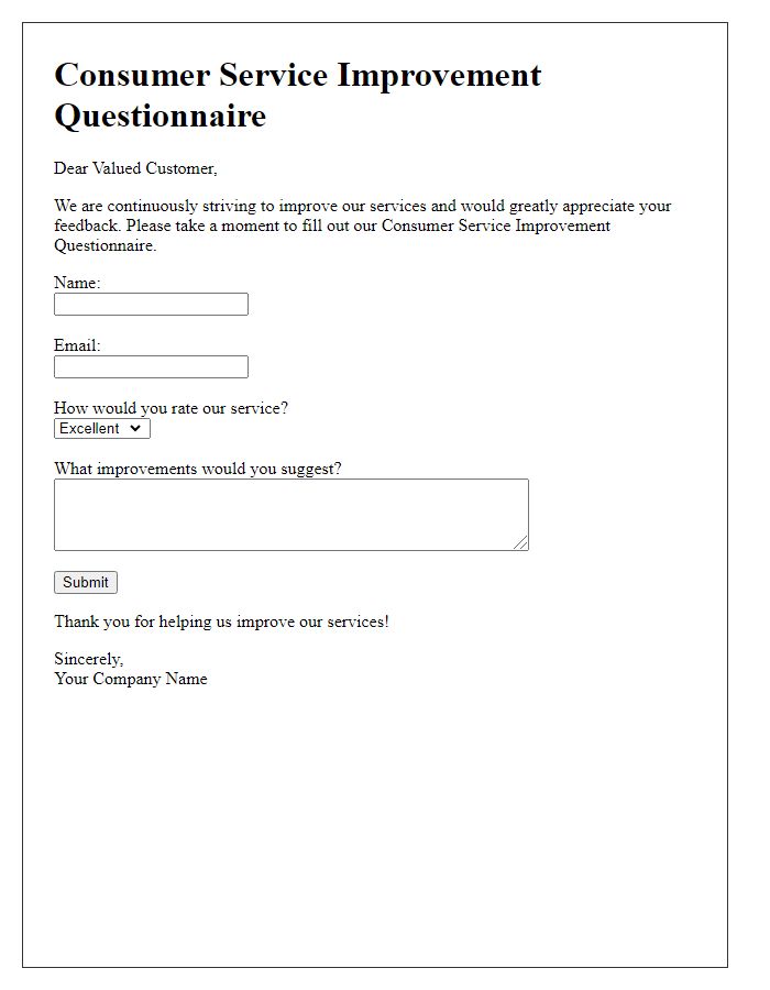 Letter template of consumer service improvement questionnaire.