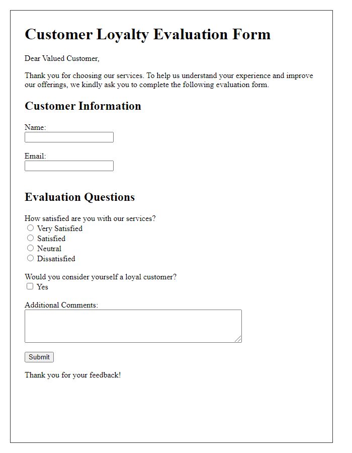 Letter template of customer loyalty evaluation form.