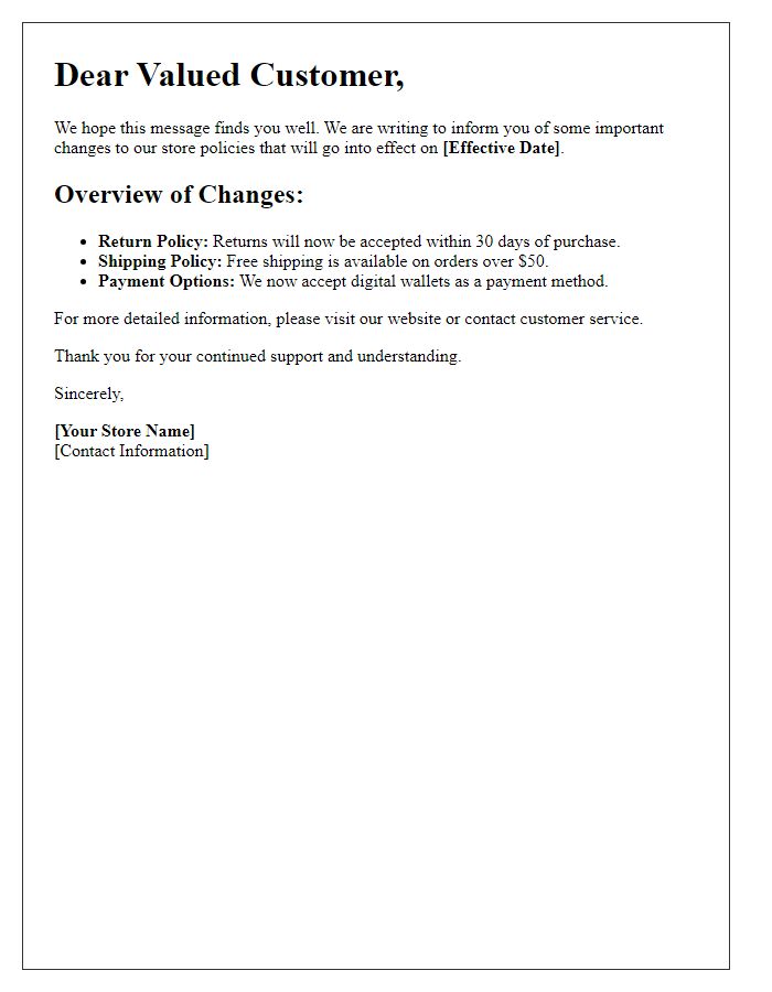 Letter template of changes to store policies notification