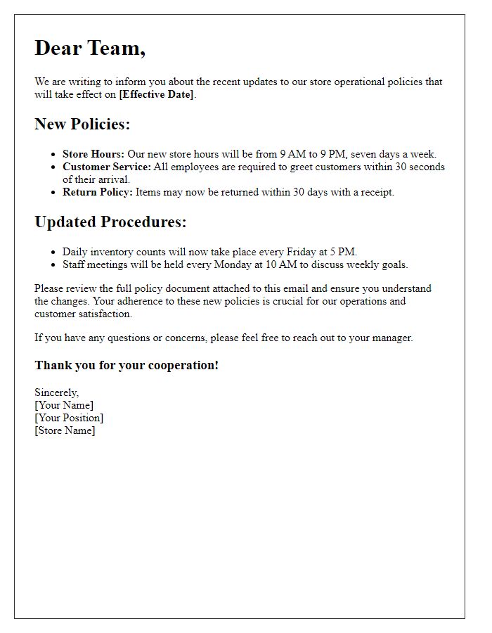 Letter template of store operational policy updates