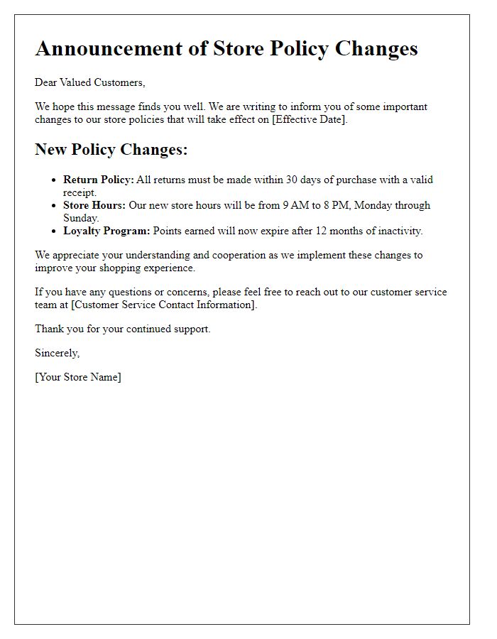 Letter template of store policy changes announcement