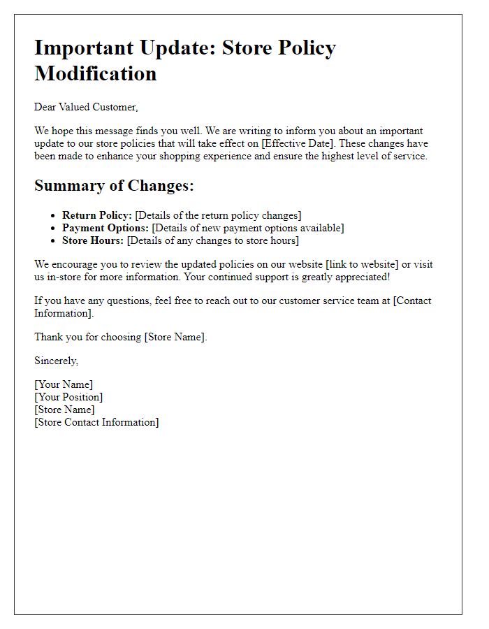 Letter template of store policy modification update