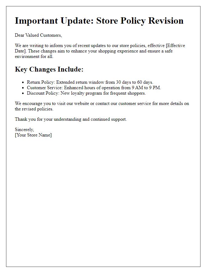 Letter template of store policy revision alert