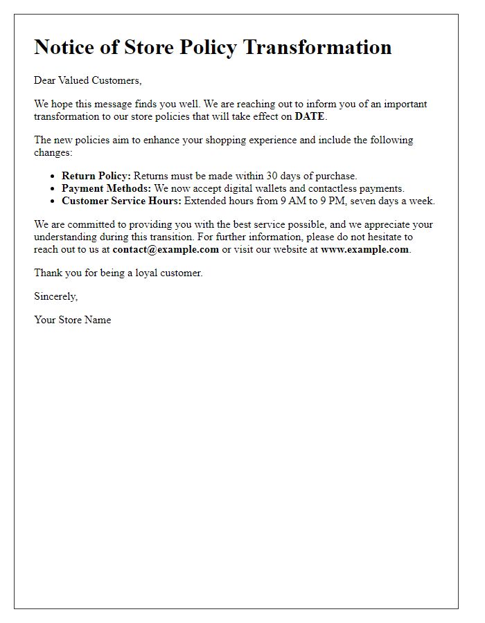 Letter template of store policy transformation notice