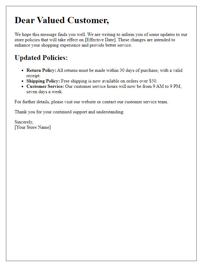 Letter template of updated store policy information