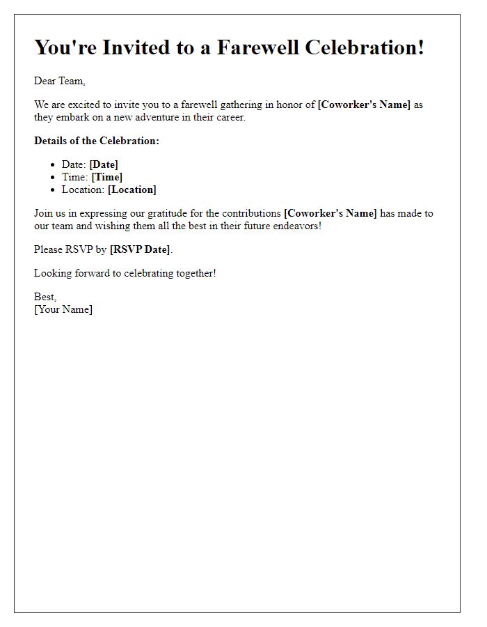 Letter template of farewell invitation for a coworker celebrating a career change.