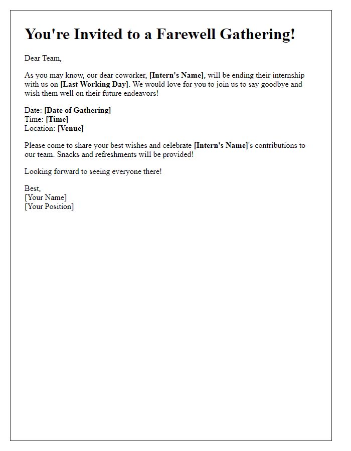 Letter template of farewell invitation for a coworker ending an internship.