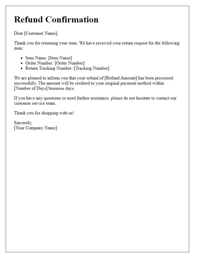 Letter template of refund confirmation for returned item