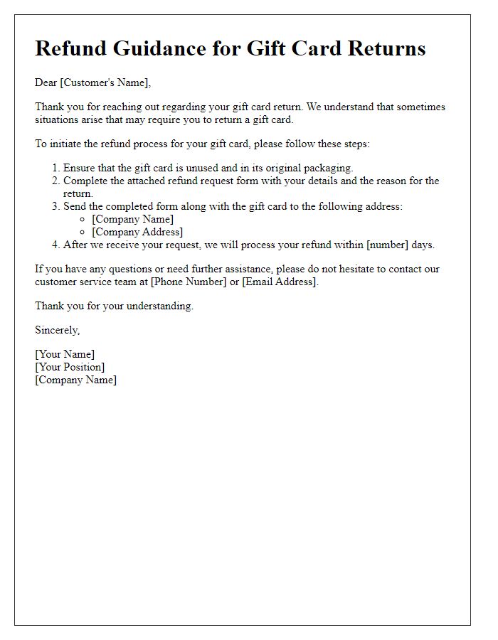 Letter template of refund guidance for gift card returns