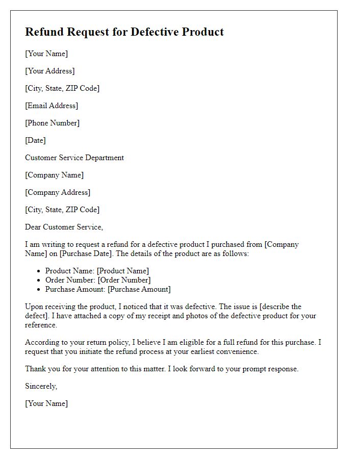 Letter template of refund request for defective product