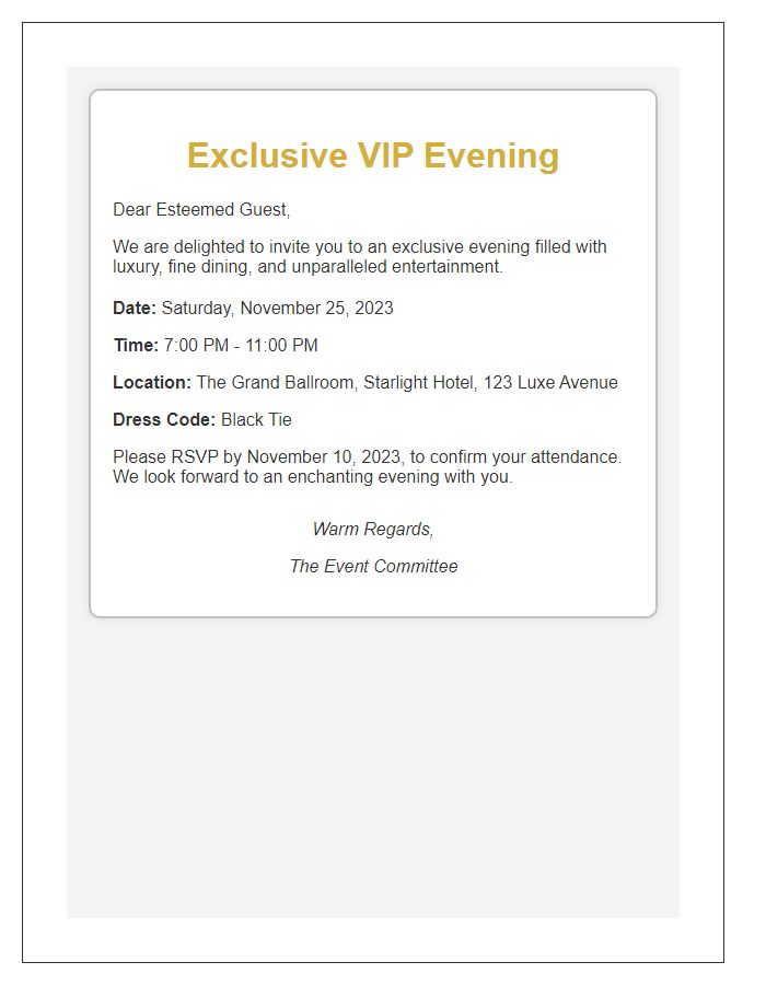 Letter template of luxurious VIP evening invitation