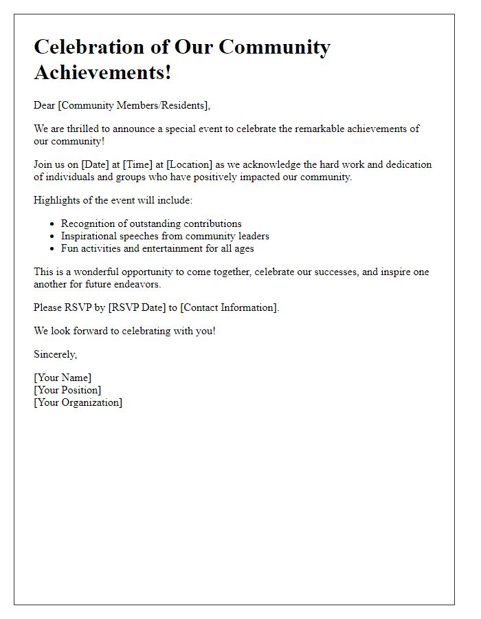 Letter template of celebration of community achievements announcement