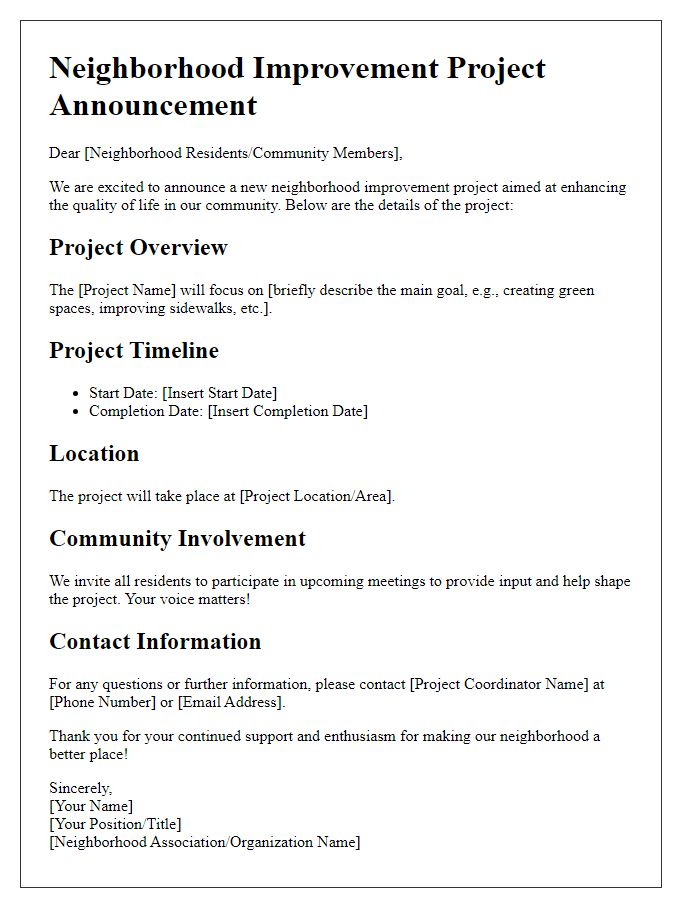 Letter template of neighborhood improvement project details