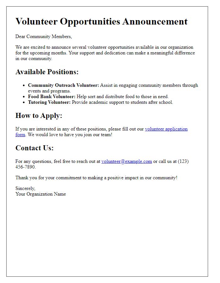 Letter template of volunteer opportunities announcement