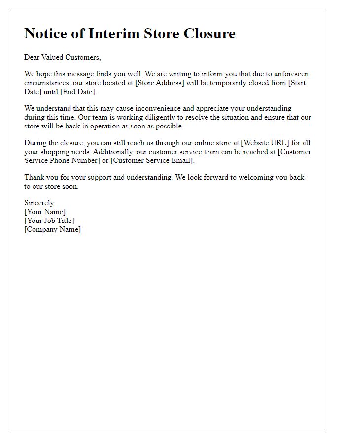 Letter template of interim store closure communication