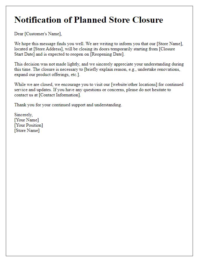 Letter template of planned store closure information