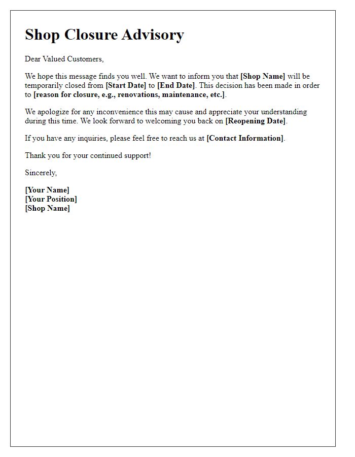 Letter template of shop closure advisory