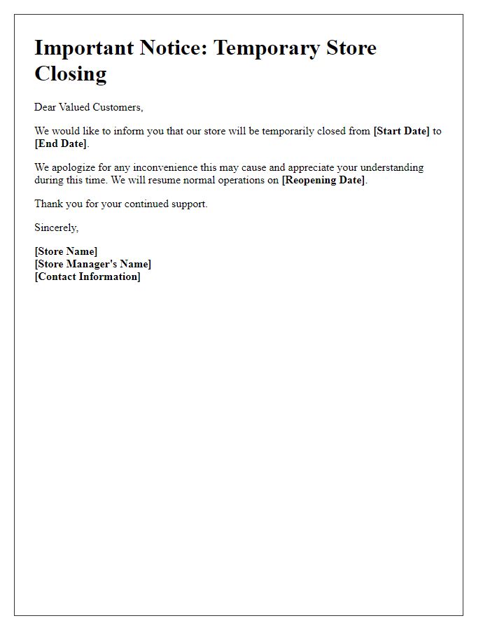 Letter template of short-term store closing notice