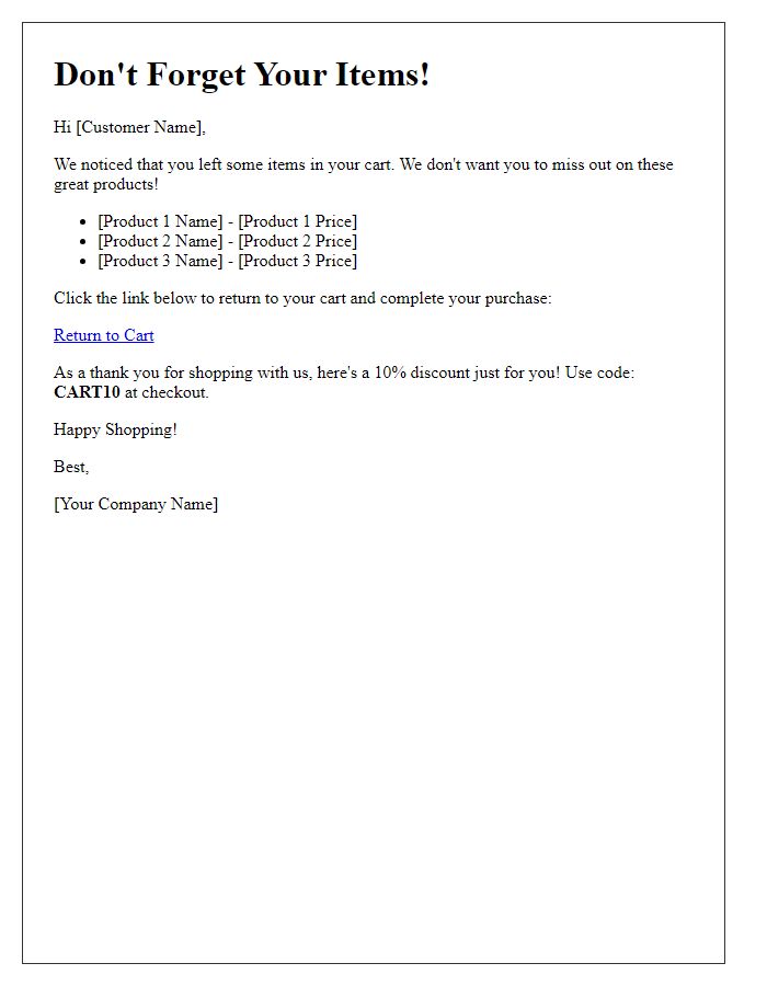 Letter template of cart abandonment reminder for potential customers