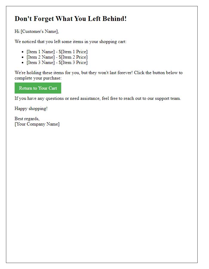 Letter template of follow-up on items left in shopping cart