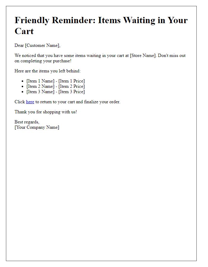 Letter template of reminder for items waiting in your cart