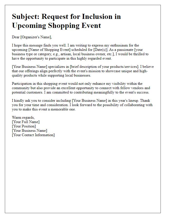 Letter template of plea for inclusion in shopping event