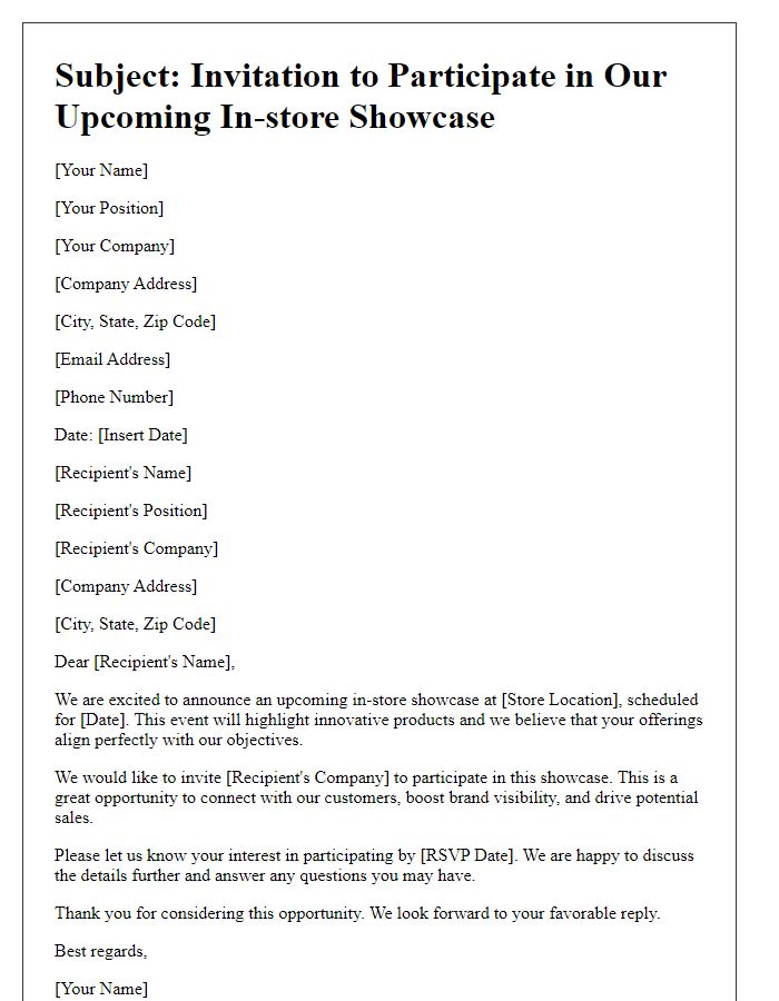 Letter template of solicitation to be part of in-store showcase