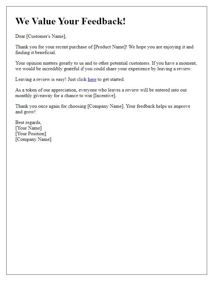 Letter template of encouragement to leave a product review