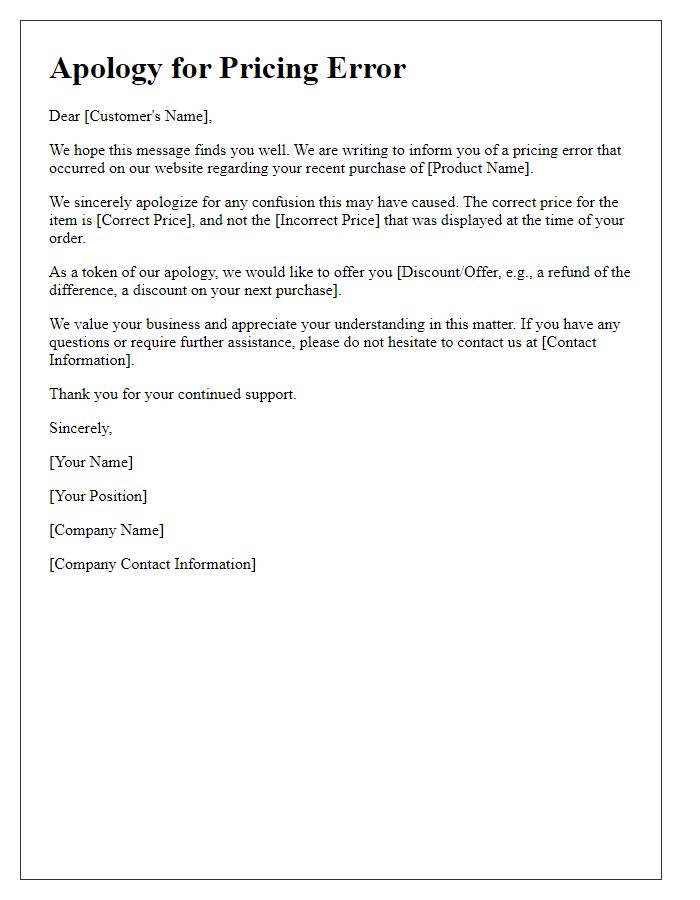 Letter template of proactive pricing mistake apology