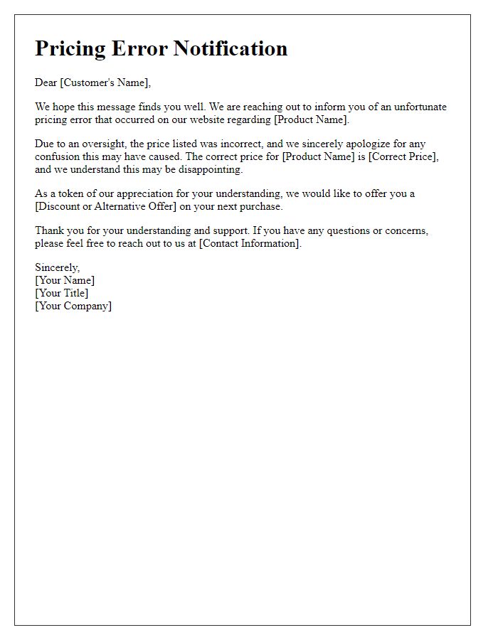 Letter template of regretful pricing error notification